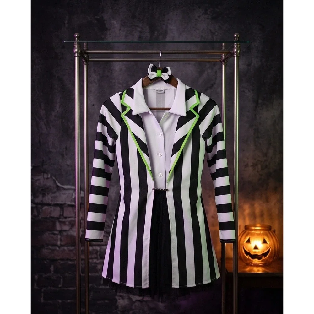 Spirit Halloween Beetlejuice Striped Costume Dress Girls XL Black White Green